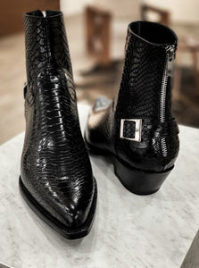Black CrocPythonSnake Animal Print Leather Alessia Slip On Zipper Pointed Boots for Men