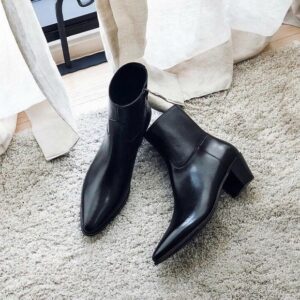 Black Leather Fiorina Slip On Zipper Pointed Boots for Men