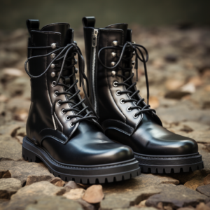 Black Leather Paloma Lace Up Chunky Derby Boots with Zipper and Track Sole