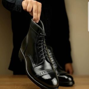 Black Leather Thompson Lace Up Brogue Toe Cap Boots