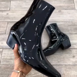 Black Patent Leather Ondine Slip On Pointed Zipper Boots for Men