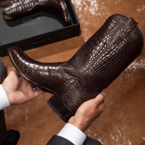 Brown Croc Print Leather Hargrave Slip On Western Cowboy Boots