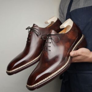 Brown Leather Mariselle Whole Cut White Stitched Oxfords