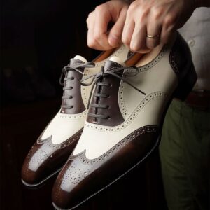 Brown and White Leather Evadne Brogue Wingtip Spectator Oxfords
